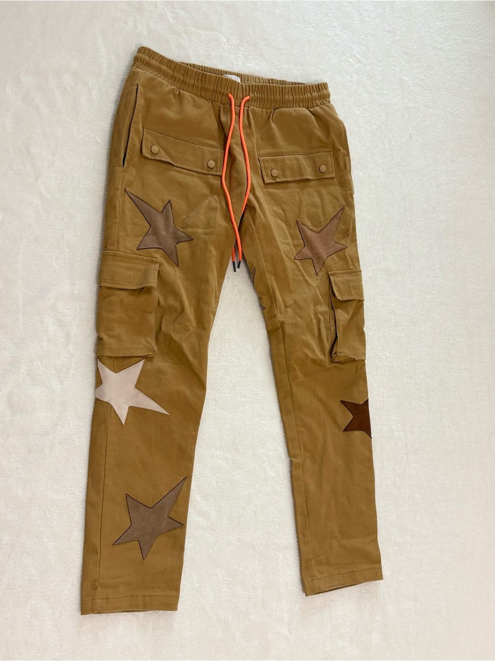 EPTM. Mens Brown Star Print Cargo Pants Elastic Waist Drawstring Pockets M 32